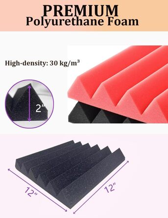 Акустичні пірамідні панелі для звукоізоляції стін, вогнестійкий шумопоглинаючий поролон для студії, 24 шт (5,1 x 30,5 x 30,5 см)