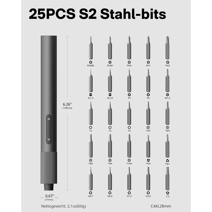 Набір викруток HOTO Feinmechaniker: електричний, магнітний, прецизійний. Для ремонту годинників, окулярів, телефонів, ПК. 170 об/хв, C4 × 28 мм