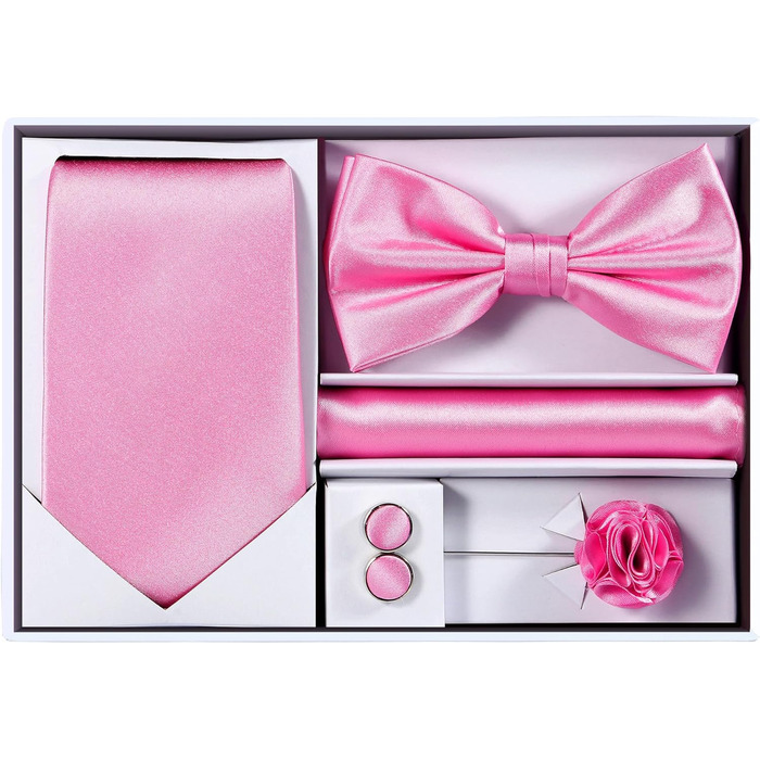 Набір краваток Tie G U Style (5 шт.) у подарунковій коробці: однотонні краватки, сатинова метелик, кишеньковий хустинка, реверс, краваткові застібки (рожевий)
