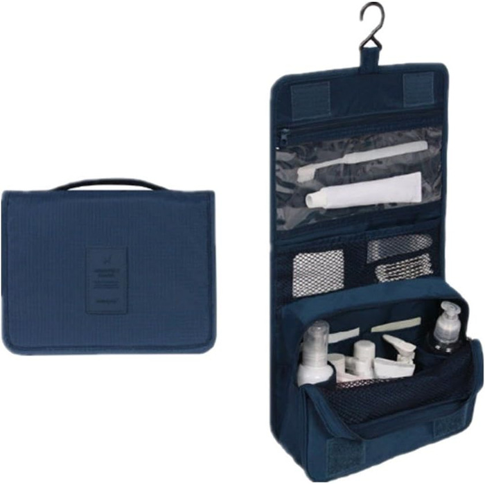 Сумка для туалетних аксесуарів на гачку | Складна дорожня сумка для туалетних речей з ручкою | Багатофункціональна косметичка, компактна сумка для туалетних аксесуарів, валізка для миття для чоловіків та жінок, темно-синій