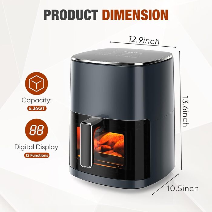 Повітряний фритюрник DUMOS 6 л з вікном, 12-в-1, для смаження, випікання, сушіння, приготування на пару, бежевий (сірий)