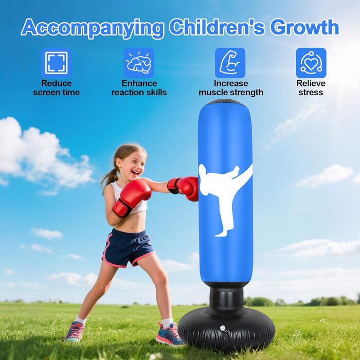 Дитячий боксерський мішок 160 см з рукавичками та насосом, надувний, для занять карате та тхеквондо, ідеальний подарунок для дітей від 6 років (Блакитний)