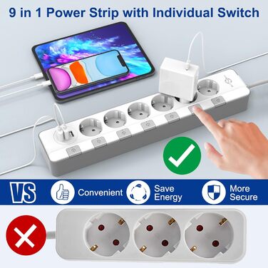 Мережевий фільтр KEPLUG з USB, 4000W, 16A, 6 розеток, білий