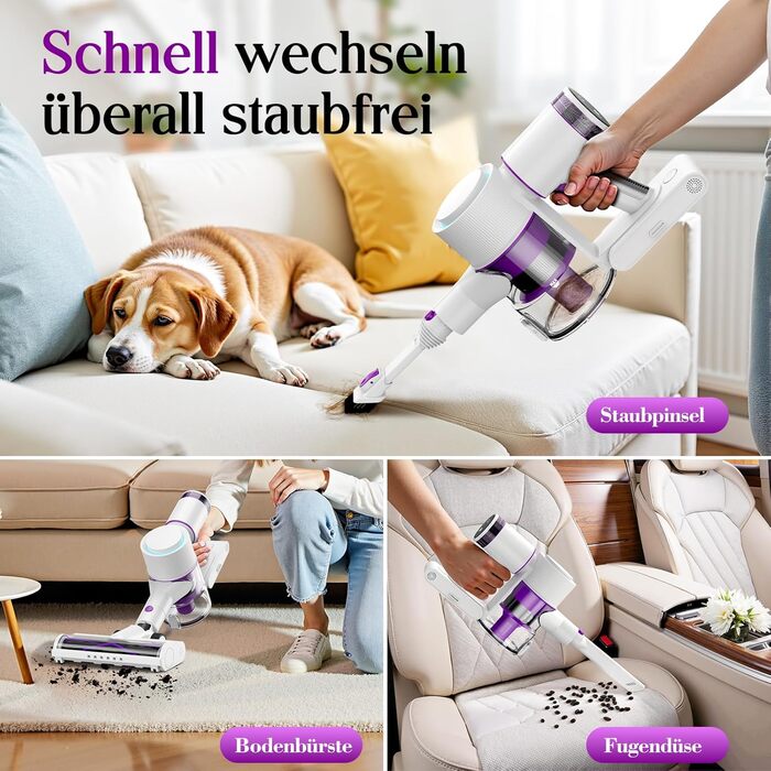 Бездротовий акумуляторний пилосос 45000 Па, 60 хв, 1.75 кг, 6-в-1 з сенсорним екраном, LED-підсвічуванням, антизаплутувальною насадкою та зарядною станцією, 7-шарова фільтрація для шерсті тварин, килимів, твердих поверхонь, авто, білий з фіолетовим