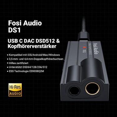 Портативний ЦАП/підсилювач навушників Fosi Audio DS1 з ES9038Q2M, підтримка PCM 32-bit/768kHz та DSD512, 3,5mm та 4,4mm виходи для Hi-Fi аудіо, USB ЦАП підсилювач для навушників