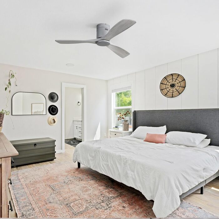 Стелянка вентилятор Sofucor з пультом керування, дерев'яна стельова вентиляція з 3 лопатями, 132 см, тиха, 6 швидкостей, таймер, DC двигун, режим літо-зима для спальні (Без світла + Flush Mount, сірий колір дерева)