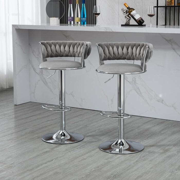 Adjustable Velvet Bar Stools 2-Pack with Backrest & Armrests - Ergonomic Swivel Bar Stools with Handwoven Velvet & Gold Legs for Kitchen Island, Bar, Restaurant - Includes Footrest (Silver, Grey)