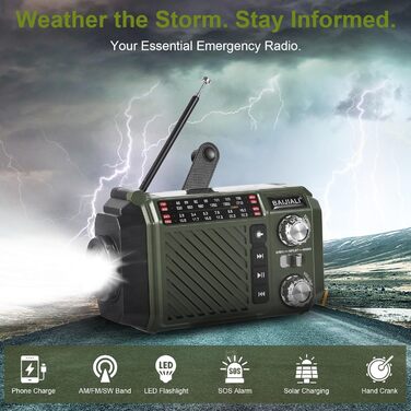 Радіо-крутилка Notfallradio з Powerbank 2600mAh, сонячною та USB-C зарядкою, AM/FM/SW приймач, LED ліхтарик та SOS-сигналом для екстрених наборів (зелене)