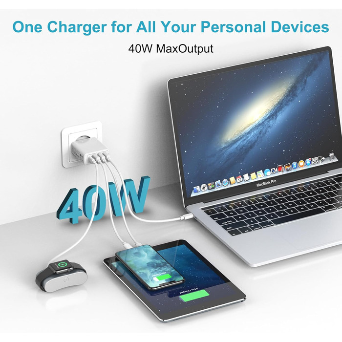 Мережевий зарядний пристрій USB C на 4 порти, 40W, PD&QC3.0, для iPhone, Samsung Galaxy