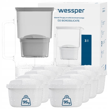 Скляний фільтр-кувшин Wessper D2 BOROSILICATE 3л, сірий + 9 фільтрів у комплекті