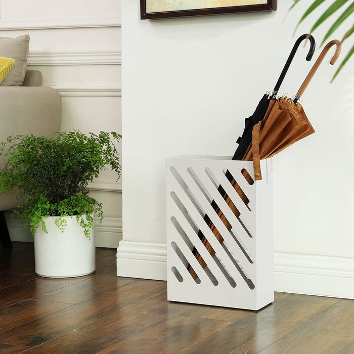 SONGMICS Rectangular Metal Umbrella Stand with Hooks and Water Tray - White LUC03WT
