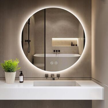 Круглий дзеркало для ванної кімнати з підсвічуванням 80 см, 3 кольори світла, регулювання яскравості, проти запотівання, сенсорне управління, функція пам'яті, LED, енергозберігаючий