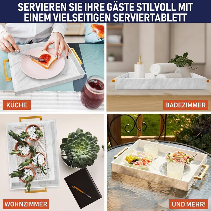 Acrylic Serving Tray with Golden Handles, 40.6 x 30.5 x 5.1 cm Decorative Tray for Table, Food, Drinks Serving Platter for Countertop, Kitchen, Bathroom, Party, Serving Tray (Marble)