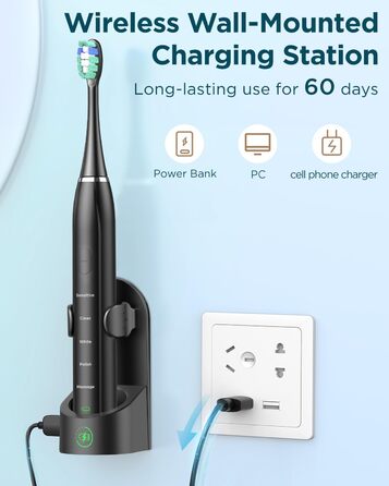 Електрична звукова зубна щітка для дорослих - відбілювання, ультразвукова, з кейсом для подорожей та зарядною станцією, 8 насадок, 5 режимів (Чорна)