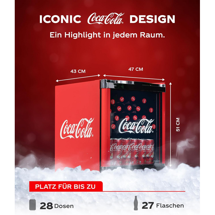 Міні-холодильник °CUBES Coca-Cola 48L з скляною дверцятами - для офісу, вечірок та геймінгу