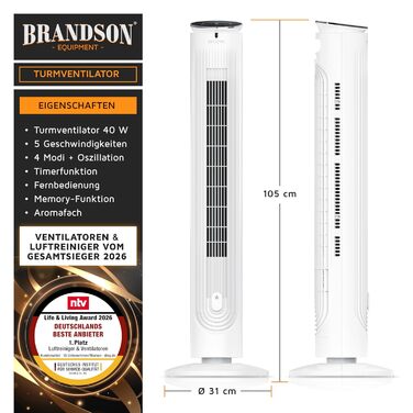 Вентилятор вежний Brandson з пультом, аромадифузором, нічним режимом та таймером - білий