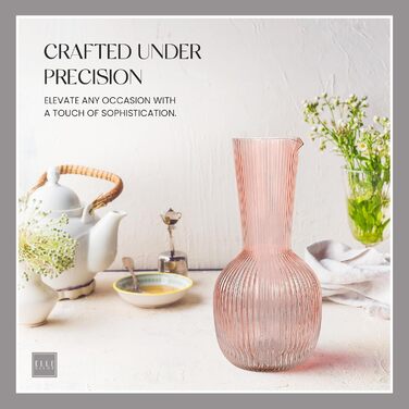 Elle Decor Ribbed Glass Carafe | Water Pitcher for Iced Tea, Wine Decanter, Mixed Drinks, and Beverages | Glass Carafe for Mimosa Bar | 1.1L Sangria Pitchers for Parties | 12 cm D x 24 cm H (Pink)