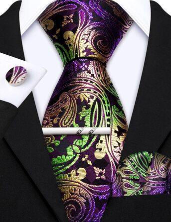 Краватка чоловіча Barry.Wang однотонна павлижий візерунок сатин з нагрудною хустинкою для весілля, золотисто-фіолетова