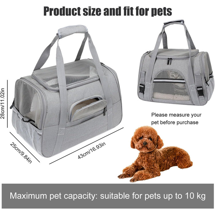 Транспортна сумка для тварин з підстилкою з флісу, для котів та маленьких собак до 10 кг, сірого кольору