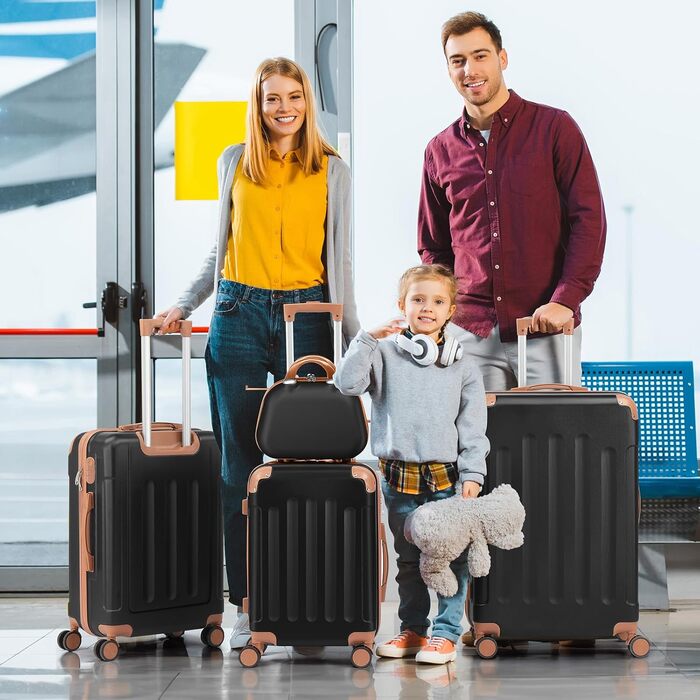 Набір валіз LALAHO 4 шт. з жорстким корпусом, ABS, з колесами | Чорний-коричневий | З косметичним осередком