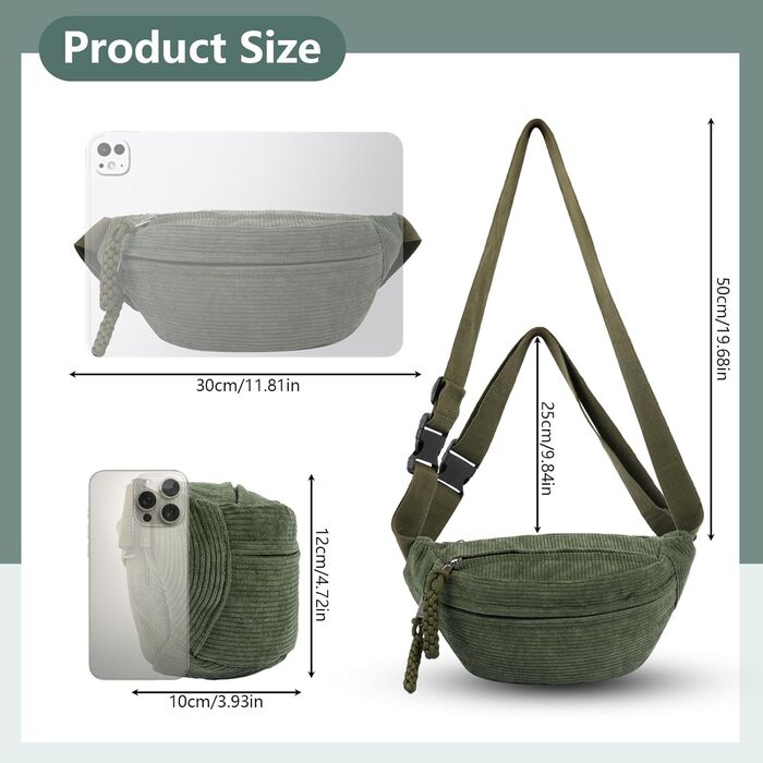Жіноча сумка через плече, поясна сумка, сумка кросбоді з корду, стильна та практична нагрудна сумка, сумка на пояс, для спорту, подорожей, зеленого кольору