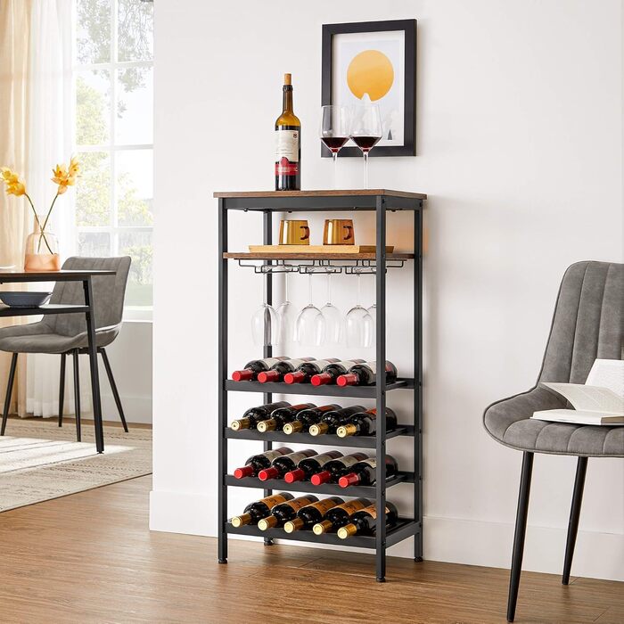 VASAGLE Wine Rack for 20 Bottles, Wine Shelf, with Glass Holder, for Cellar, Kitchen, Dining Room, Industrial Style, 50 x 32 x 100 cm, Rustic Brown and Black LWR020B01