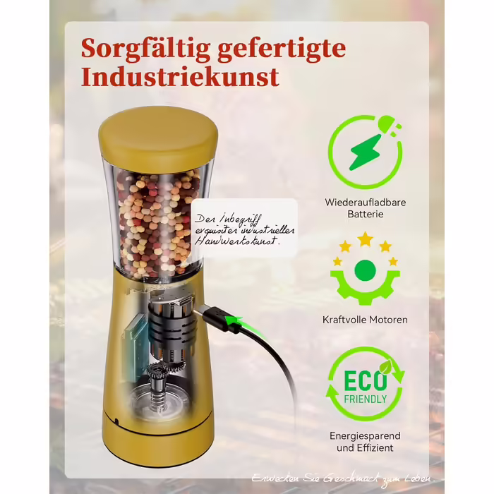 Electric Salt and Pepper Grinder Set of 2, Stainless Steel (Rechargeable, LED Lighting, with Adjustable Ceramic Grinder, Cleaning Brush) Electric Spice Grinder, Yellow