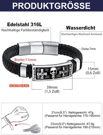 Браслет шкіряний чоловічий Bandmax Mjölnir/Череп/Масонство, гравірування, магнітний замок, 23 см