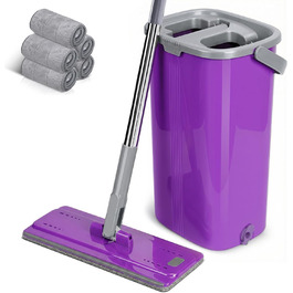 Набір для миття підлоги MASTERTOP з відром, моп з нержавіючою ручкою та 3 насадками, 2 в 1 набір відра та мопа, плоский моп з функцією віджиму для твердої підлоги, ламінату, плитки (Бежевий) (Набір для миття підлоги з відром: Фіолетовий)