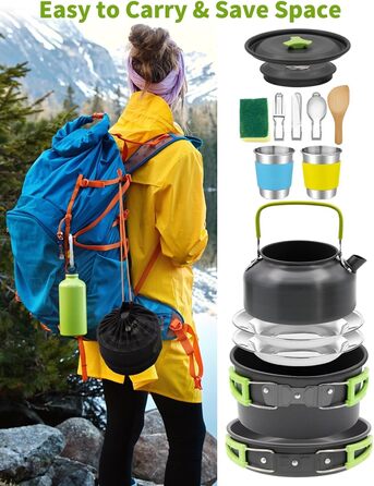 Oushome 16-Piece Camping Cookware Set for 2 People - Portable Cooking Set with Pots, Pans, Kettle, Cups, Plates - Green