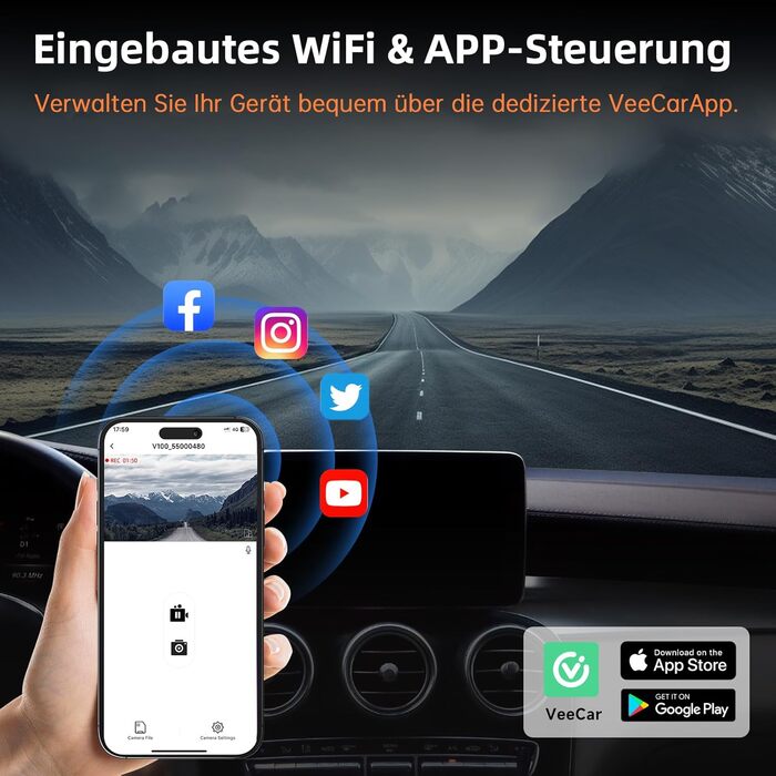 Відеореєстратор Auto Dashcam 4K+1080P з GPS, WiFi, паркуванням, подвійний об'єктив, 32GB карта пам'яті, 170° кут огляду, Super нічне бачення, G-сенсор, циклічна запис, керування через APP, Max 256GB, чорний