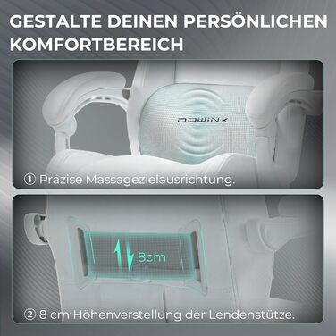 Ігровий крісло Dowinx з ергономічною підтримкою попереку, регульованою підголівником, потовщеним сидінням, висувною підніжкою, регульованими підлокітниками, мікрофібровим велюром, нахилом 160°, білий