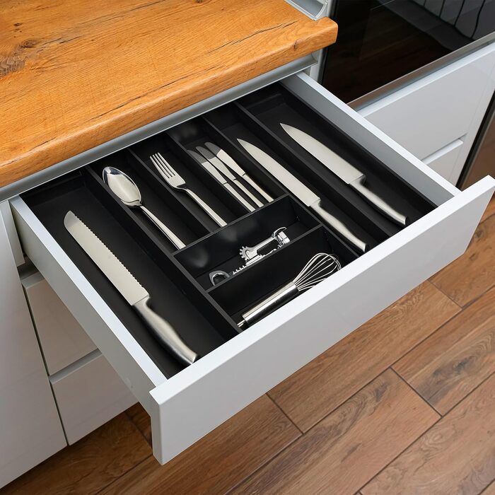 Relaxdays Cutlery Box Extendable, Bamboo, HBT 6.5 x 35-58 x 43.5 cm, 6-8 Compartments, Cutlery Insert for Drawer, black