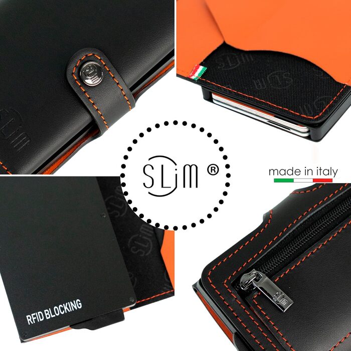 SLim жіноче та чоловіче портмоне/гаманець Smart Wallet з відділенням для монет та RFID захистом, Made in Italy (Чорний та Оранжевий)
