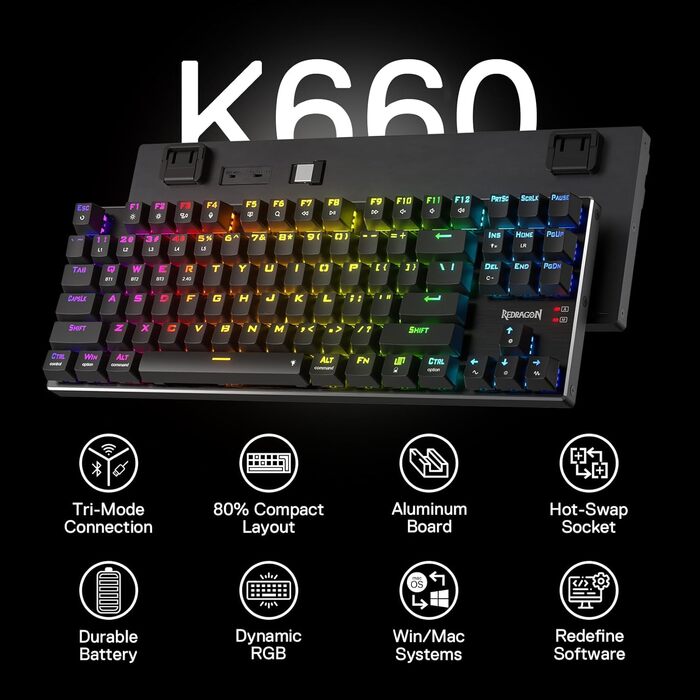 Redragon K660 RGB-ігрова клавіатура: 87 клавіш, TKL, механічна, з підсвічуванням, з алюмінієвою основою та тихими червоними перемикачами