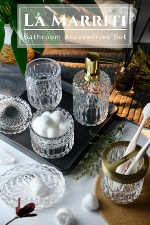 Orange Bathroom Accessories Set, 5-Piece, Clear Glass, Hand Soap Dispenser, Soap Dish, Toothbrush Holder Set, Cotton Swab Jars, Modern Bathroom Decor, Burnt Orange