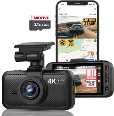 Відеореєстратор Miofive 4K Auto GPS WiFi Bluetooth з дисплеєм 3 дюйми, Нічне бачення, HDR, Loop-запис, підтримка до 512GB, з SD-карткою 32GB