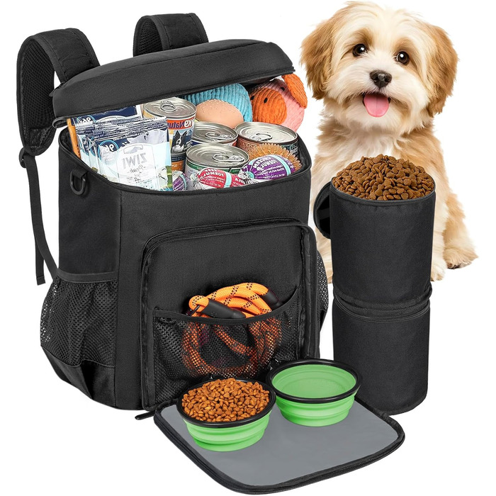 Чорна сумка-рюкзак для собак ANILD, TSA-сертифікована, з 2 контейнерами для корму, 6 силіконовими мисками, органайзером для подорожей, хандер-рюкзак для походів та кемпінгу