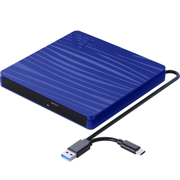 Зовнішній DVD-привід USB 3.0 та Type-C, портативний CD/DVD +/-RW записувач для ноутбука, ПК, MacBook, Windows, macOS, Linux (Темно-синій)