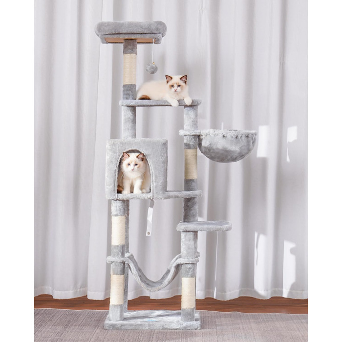 Котячий комплекс Hey-brother Kratzbaum 154 см з сизалевим мотузком, гамаком, будиночком та платформою, сірий EMPJ050W