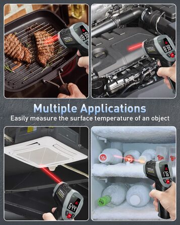 Інфрачервоний термометр Eventek -50°C до 600°C з лазером, регульована випромінювальна здатність, цифровий, LCD дисплей. Для гриля, піци, кухні, промисловості (чорний з аксесуарами 3 в 1)