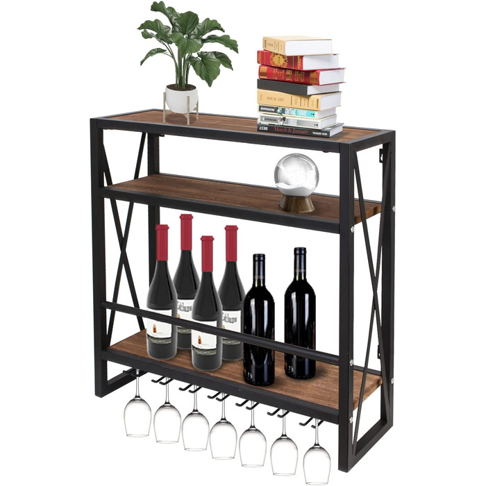 Wall-Mounted Wine Rack with Glass Holder, Wood and Metal Bottle Shelf with 3 Levels for 12 Bottles, Wine Stand with Cup Shelf, Suitable for Kitchen, Maximum Load Capacity 50 kg, 60*20*62 cm