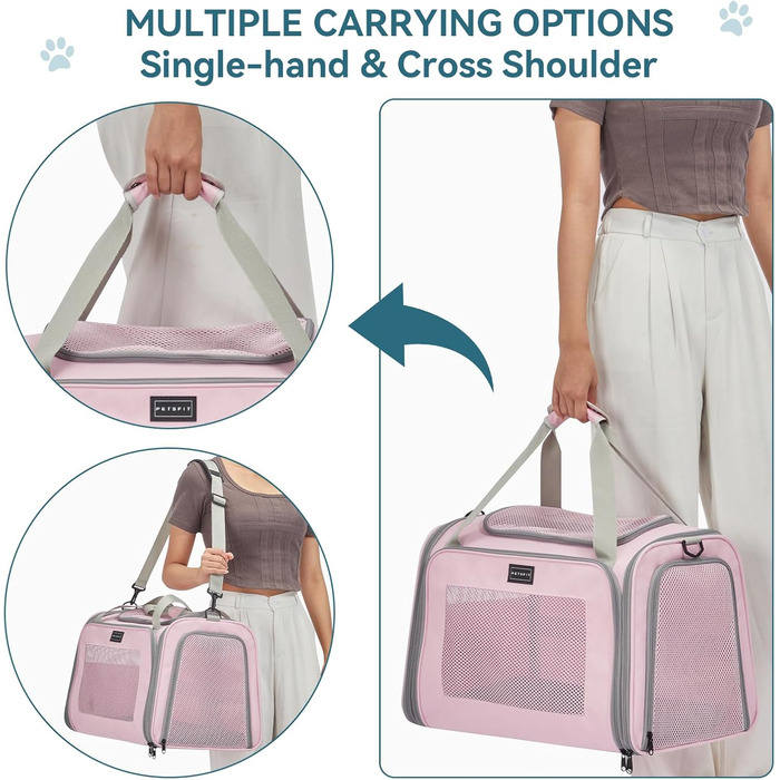 Транспортна переноска для котів та маленьких собак Petfit, рожева, L, з ремінним кріпленням та розкладною матрацом