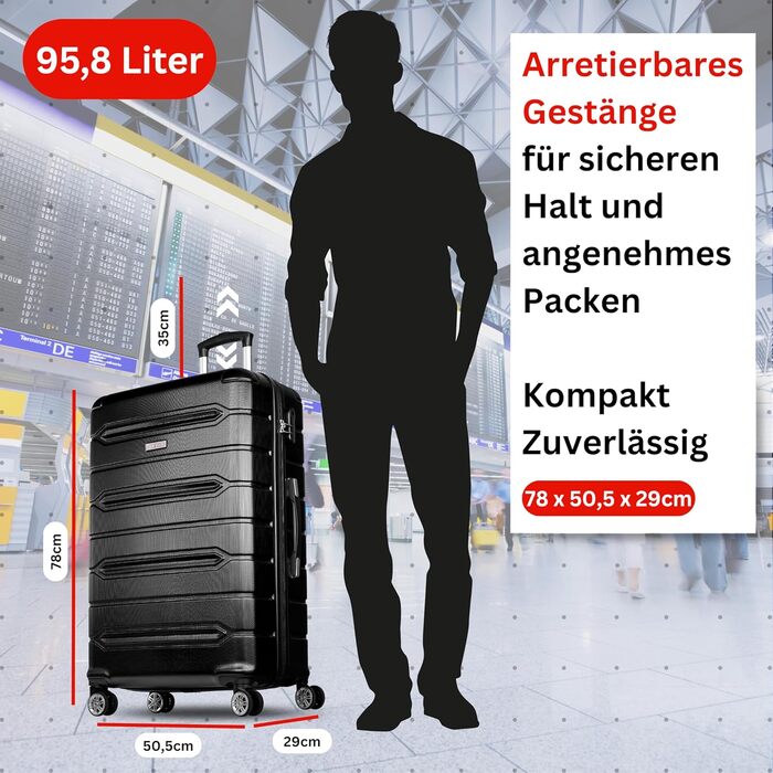 Валіза NOWI Rhodos – 3-секційний набір, жорсткий корпус ABS, кодовий замок, 4 колеса, розширювана, 360° обертання, легка та міцна. Розміри: M, L, XL (Чорний, SET)