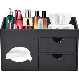 Tissue Box Linen with Drawers, Square Cosmetic Tissue Box with Magnetic Closure, Tissue Box with Side Pocket for Cell Phones, Cosmetic Brushes, Remote Controls, Office Supplies, Perfumes (Black)