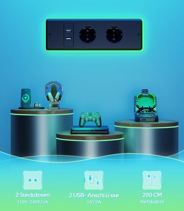 Офісний стіл для геймінгу OffiGo, 140 см, регулювання висоти, RGB LED, розетки, 3 стійкі місця для зберігання, тримач для напоїв та навушників, стільниця з карбонової поверхні (білий/чорний)