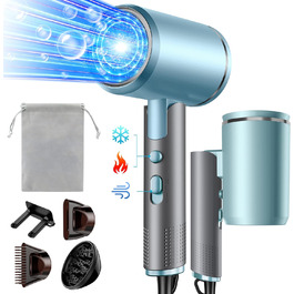 Фен 2400W складний іонний, професійний туристичний, з гарячою/холодною кнопкою, 3 режими нагріву, AC мотор, з насадкою-дифузором та сумкою для зберігання (сіро-блакитний)