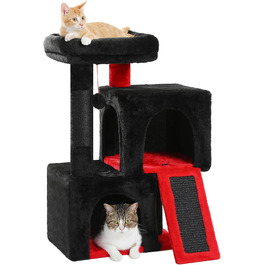 PETEPELA Scratching Post with Dual Condos for Apartment Cats, All-in-One Cat House with Padded Perch, Scratch Ramp & Post, and Replaceable Balls (Black, S 77cm)