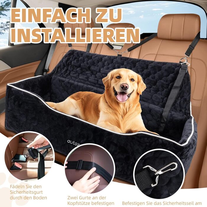 AutoZen Dog Car Seat for Medium to Large Dogs up to 54 lbs - Removable & Washable - Black