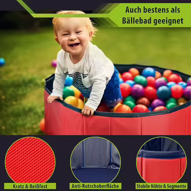 Stable Dog Pool | Splash Pool for Dogs | Foldable Pool with Drain Valve | Non-Slip Bathtub | Ball Pit for Kids | Ball Bath including Bath Brush & Repair Kit - Dog Pool 100x30 (Red)